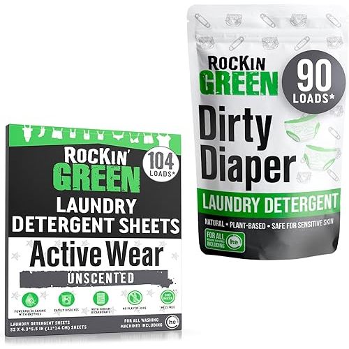 Rockin' Green Active Wear Travel Laundry Detergent Sheets Unscented (104 Loads) and Dirty Diaper Powdered Laundry Detergent (Baby Cloth Diaper 90 Loads Unscented) - All Natural and Biodegradable