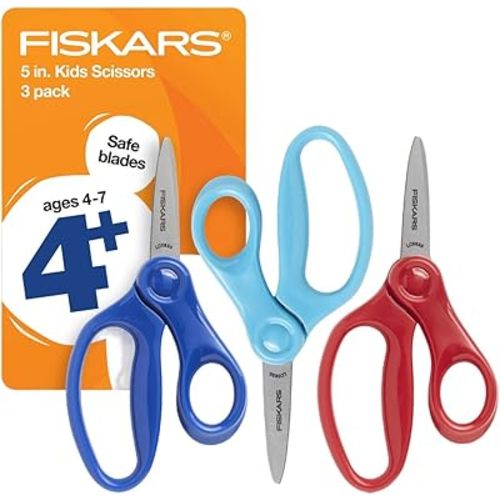 Fiskars 5" Pointed-Tip Kids Scissors, Age 4-7, Red, Blue, Turquoise, 3-Pack