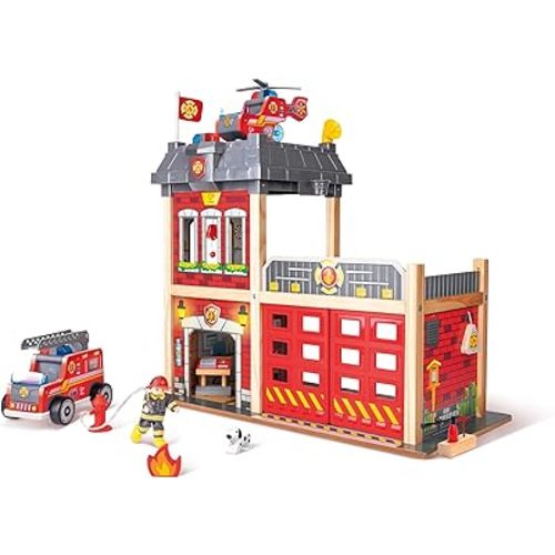 Hape Fire Station Playset| Wooden Dollhouse Kid’s Toy, Stimulates Key Motor Skills and Promotes Team Play