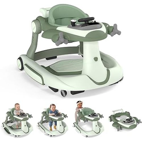 7-in-1 Baby Walker with Wheels, Anti-Slip Base, Speed Control, 3 Level Adjustable Height with Music & Lights Box, Foldable Walkers for Babies 6-12 Months, Boys & Girls