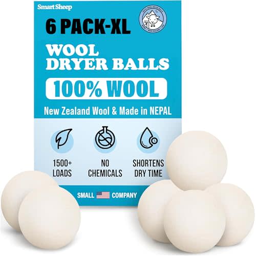 Wool Dryer Balls - Smart Sheep 6-Pack - XL Premium Natural Fabric Softener Award-Winning - Wool Balls Replaces Dryer Sheets - Wool Balls for Dryer - Laundry Balls for Dryer, 6 Count (Pack of 1)