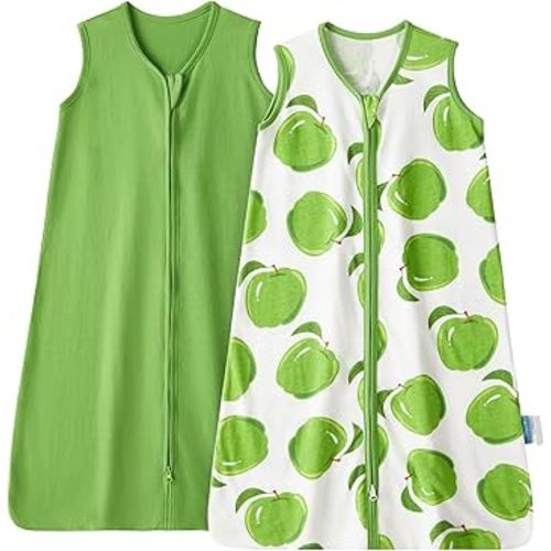 TILLYOU 2 Pack Baby Sleep Sack 6-12 Months 100% Cotton Wearable Blanket 0.5 TOG Sleeveless Summer Sleep Sacks with 2-Way Zipper, Green Apple & Fruit Green