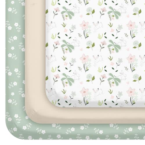 3 Pack Baby Crib Sheets for Boys Girls 52x28 Fitted Crib Sheet | Soft & Breathable Toddler Bed Sheets for Standard Crib and Toddler Mattress, Green Bunny