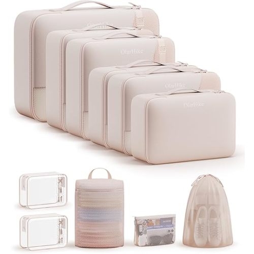 11 Set Packing Cubes for Travel, Gifts for Women Mom Kids, TSA Approved Bags for Makeup, Cosmetic, Toiletry, Suitcase Organizers for Checked Luggage, Cruise Essentials, Airplane Accessories, Beige