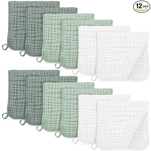 Muslin Burp Cloths for Baby 100% Cotton Burping Cloths for Boys Girls Large 20''X10'' Extra Soft and Absorbent 12 Pack - White and Green