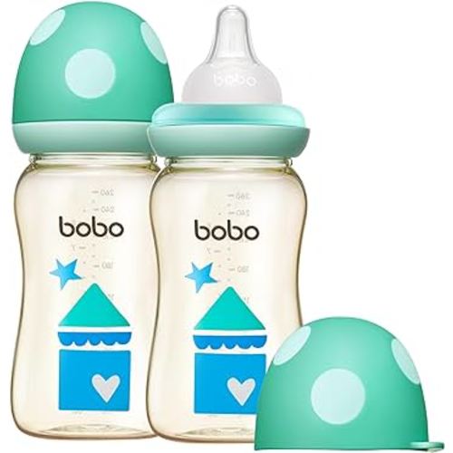 YOHKOH PPSU Baby Bottle Wide Neck, Newborn Anti-Colic Baby Bottle with Natural Response Nipple, Streamlined Body, Easy to Clean (8.8oz (Pack of 2), Blue)