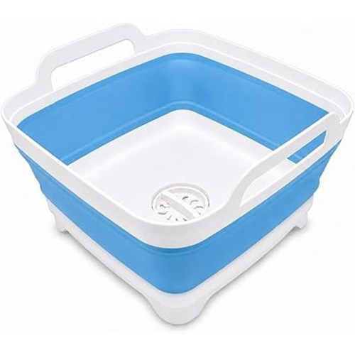 2.4 Gal(9L) Collapsible Dish Basin with Drain Plug, Space Saving Outdoor Multiuse Foldable Sink Tub, Dishpan, Kitchen Storage Tray for Camping, Vegetable Washing, RV (Blue)