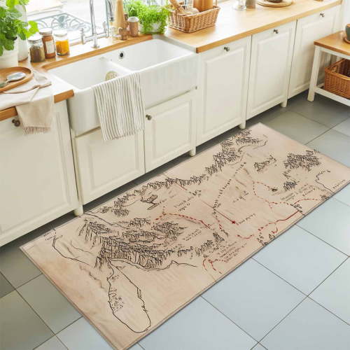 Middle Earth Map on Vintage Rectangle Area Rug 2x6ft,Living Room Rug Non-Slip Washable Circle Rugs Pad,Abstract Mountain Soft Floor Carpet for Bedroom Dining Room