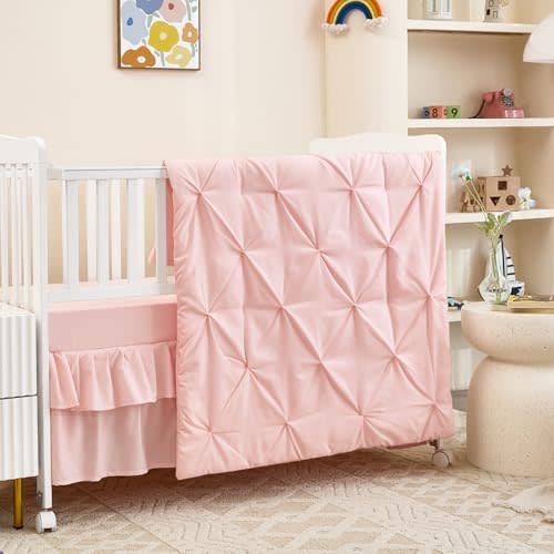 NacoMoco 3-Piece Pink Crib Bedding Set for Girls - Ultra Soft & Skin Friendly Baby Girl Bedding Crib Set Includes Crib Comforter, Sheet & Skirt (Light Pink)