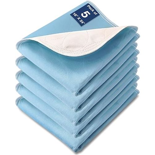 Washable Waterproof Underpads, 24" x 18" (5 Pack) Heavy Absorbency Reusable Incontinence Pads for Chair, Bassinet, Crib, Car Seat, Sofa, Wheelchair