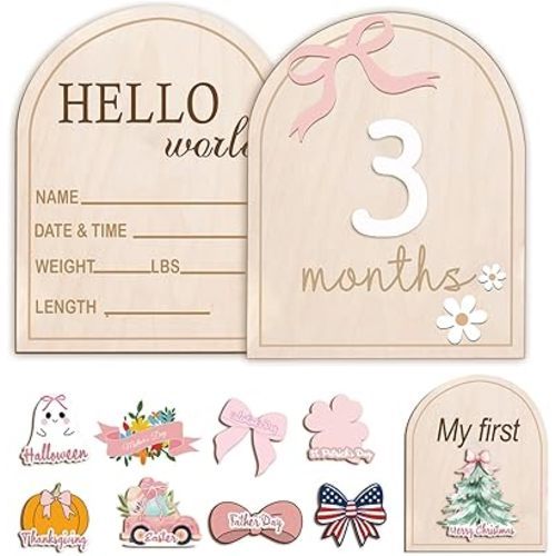 Monthly Baby Milestone Wooden Signs, Double-Sided Bow-Themed Baby Milestone Discs with Hello World & My First Holiday Designs – Cute Baby Announcement Sign & Photoshoot Props for Boys and Girls (Bow)