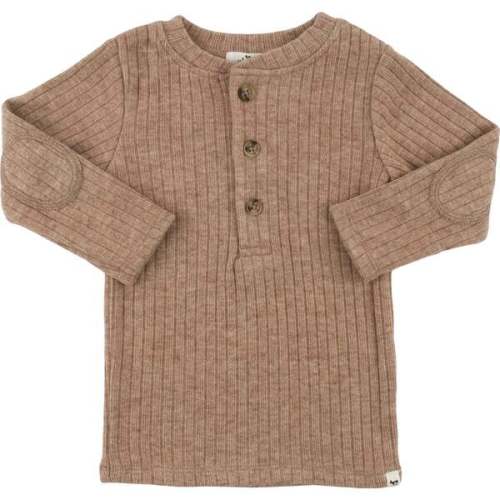 Wide Rib Fuzzy Sweater Knit Elbow Patch Henley, Mushroom Heather - Oh Baby! | Maisonette 6-12m