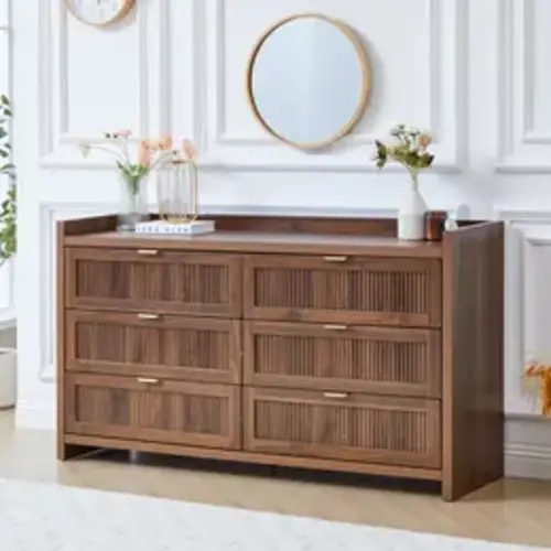 FurSch Mid Century Modern Walnut Dresser with 6 Drawers, Fluted Storage Cabinet, Wide Chest of Drawers for Bedroom Living Room - TikTok Shop