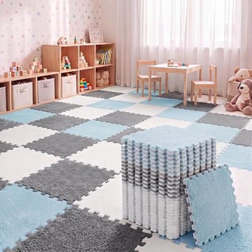36 Pack Plush Foam Floor Mat Square Interlocking Carpet Tiles with Border Fluffy Play Mat Floor Tiles Soft Climbing Rugs for Bedroom Playroom, 12 x 12 x 0.4 in(White, Gray, Light Blue)