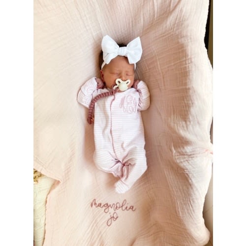 Baby girl coming home outfit, Monogrammed footie, Personalized Baby gift, Monogrammed sleeper, pima cotton, newborn pictures, pink stripes