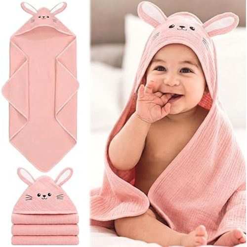 Muslin Hooded Baby Towel 100% Cotton Soft Absorbent Bath Towel with Cute Pink Bunny Design 32 x 32 Inch Muslin Baby Bath Essentials for Girl Babies Infant Toddler Kids