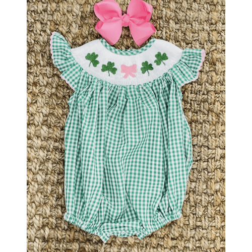 Shamrock Smocked Romper in Gingham - St. Patrick's Day – Pleats and Stitches