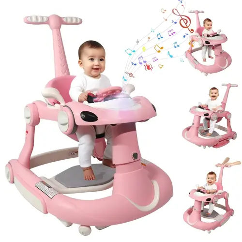 Baby Walker, 4-in-1 Baby Walker with Wheels Portable, Foldable Infant Toddler Walker for Boys Girls 6-18 Month,Removable Footrest,Car Steering Wheel & Music, Adjustable Push Walker Pink
