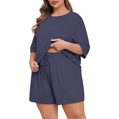 Lastshe Womens Plus Size Pajama Set 2 Piece Soft Short Sleeve with Pockets Shorts Sleepwear Knit Pjs Lounge Set Sweatsuits