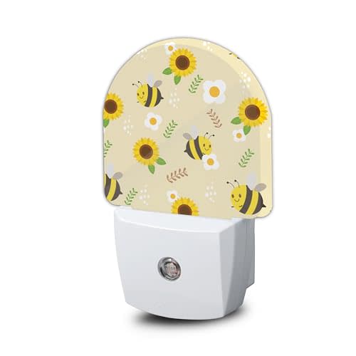 Cute Bee Night Light, Yellow Sunflower Night Light Plug into Wall with Dusk to Dawn Sensor, LED Lamp Energy Saving Lights for Men Women Boys Girls,Lamp for Bedroom Bathroom Hallway