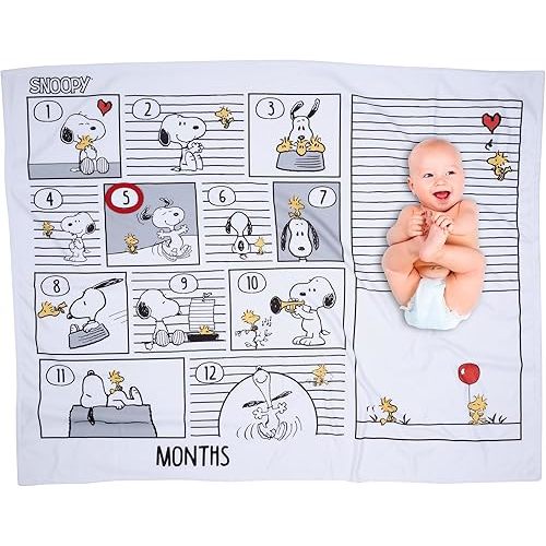 Lambs & Ivy Snoopy Milestone Photo Opportunity Black/White Fleece Baby Blanket