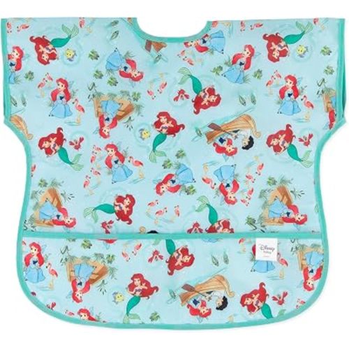 Bumkins Disney Short Sleeve Bib for Girl or Boy, Toddler and Kids for 1-3 Years, Large Size, Essential Must Have for Junior Children, Eating, Mess Saving Soft Fabric Apron for Play, Ariel
