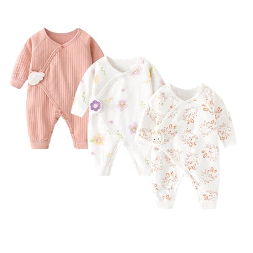 IADOER Newborn Baby Romper - Unisex Cotton Bodysuit for Infant Baby Boys Girls 3 Pack Long Sleeve Button Solid Jumpsuits