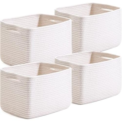 White Storage Baskets for Organizing, Woven Storage Baskets for Shelves, Cotton Rope Basket for Storage, Cute Rectangular Book Toy Basket, 12.7"×9.1"×7.9", 4 Packs, Off White