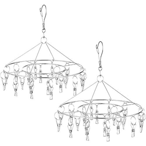 CenYouful 2 Pack Stainless Steel Round Hanging Drying Rack with 20 Clips for Drying Socks, Baby Clothes, Bras, Towel, Underwear, Hat, Scarf, Pants, Gloves