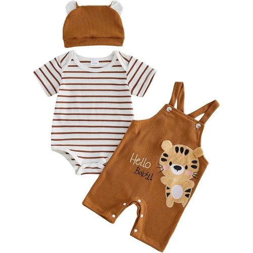 Baby Boy Clothes Set Infant Striped Short Sleeve Bodysuit Top Animal Suspender Shorts Newborn Summer Outfit