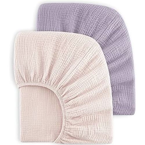 Bearmoss Muslin Crib Sheets - 100% Cotton Baby Crib Sheets Fitted for Standard Crib Mattress & Toddler Bed Mattress 52"x28" Soft Breathable Crib Sheet Neutral for Boys Girls - 2 Pack (Pink Purple)