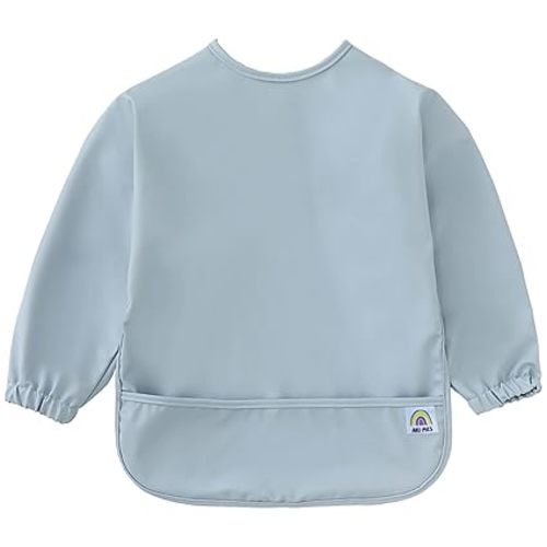 Waterproof Long Sleeve Baby Bib for Eating-Blue, Small-Toddler Smock with Catch-All Pocket, BPA Free, Machine Washable, Wearable Feeding Bib for Boys & Girls 6-72 Months