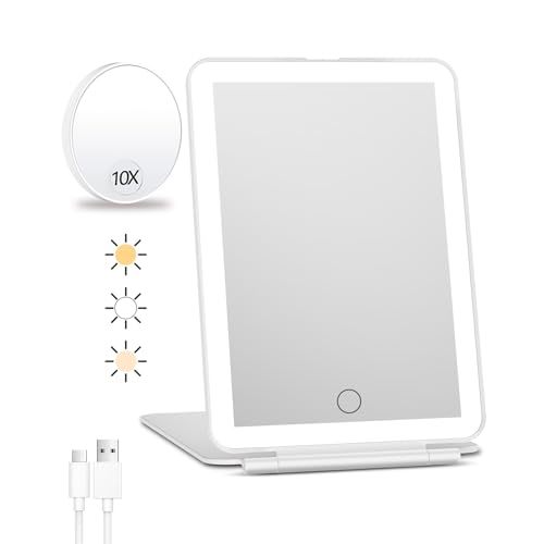 FUNTOUCH Rechargeable Travel Makeup Mirror with Lights and 10X Magnifying Mirror, Portable Lighted Vanity Mirror with 80 Led,2000mAh Battery,3 Color Lighting,Touch Dimming,Tabletop Light up Mirror