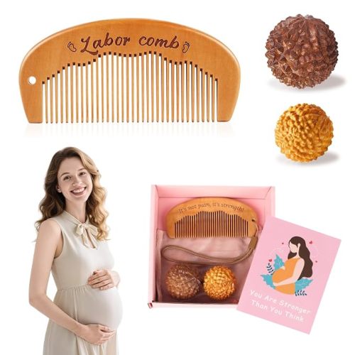 3 Pcs Birthing Comb & Acupressure Massage Ball Set, Wooden Labor Comb for Pain, Delivery Essentials Pregnancy Must Haves, New Mom Gifts for Labor Pain Relief