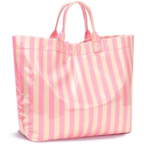 Striped PVC Tote Bag Large Glossy Striped Handbags Waterproof Top Handle Bag Plastic Tote Handbag Beach Travel Work