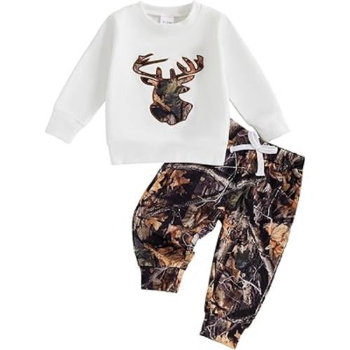 Toddler Baby Boy Hunting Outfit Duck Deer Embroidery Long Sleeve Sweatshirt Camo Pants Set 2Pcs Fall Winter Clothes