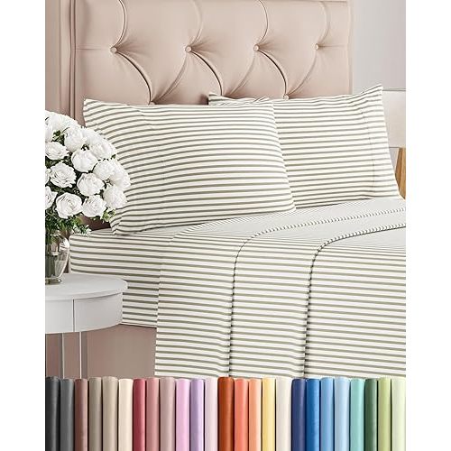 Cal King Size 4 Piece Sheet Set - Breathable & Cooling - Beige Stripes