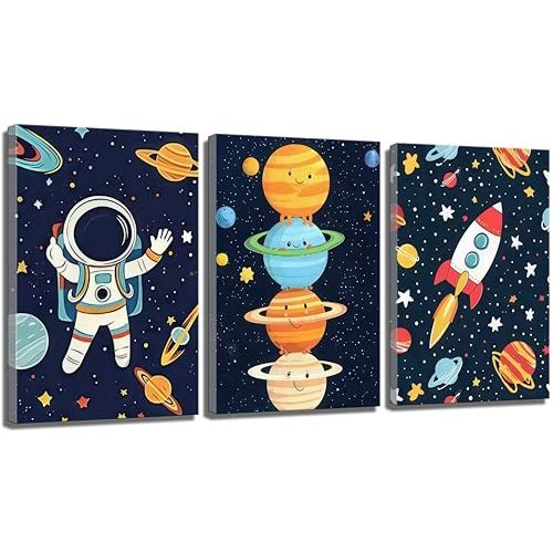 3Pcs Astronauts Nursery Canvas Wall Art Whimsical Outer Space Kid Decor Pictures Rocket Planet Posters Prints for Boys Room Girls Room Kids Room Decoration
