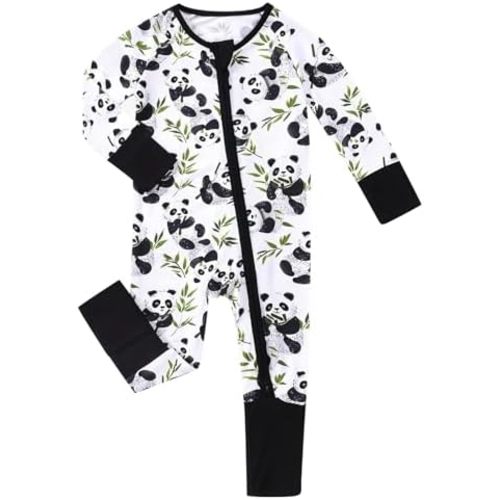 Baby Footless Pajamas with Mittens and Feet Cuffs Viscose of Bamboo Cartoon Infant Boys Girls Zipper Pjs Romper