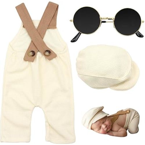 SPOKKI New Born Photoshoot Outfit - Newborn Boy Photography Set With Bib Pants, Hats and Glasses (White)