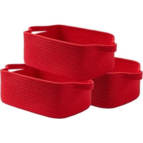 KALLAX Small Woven Basket, 14 x 10 x 5.6 Inches, Small Storage Baskets for Organizing, Gift Baskets Empty, Cute Rope Shelf Closet Storage Bins for Shelves, Dog Toy Basket, Red