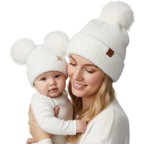 Funky Junque Mommy & Me Double Pom Beanies – Mama & Mini Matching Winter Outfits, Mom & Infant Baby Girl Beanie Hat Set