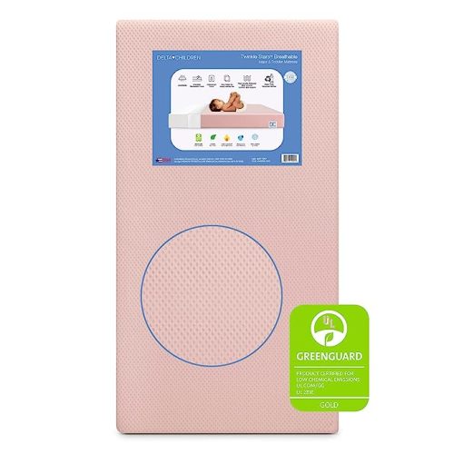 Delta Children Twinkle Stars Crib and Toddler Mattress with Breathable, Removable Machine-Washable Cover - GREENGUARD Gold - Waterproof Baby Bed - Sustainably Sourced Fiber Core - 52”Lx27.5”W, Pink
