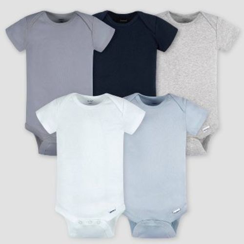 Gerber Baby 5pk Tonal Short Sleeve Onesie - Blue Newborn: Cotton Knit, Pullover, Crotch Snap, Machine Washable