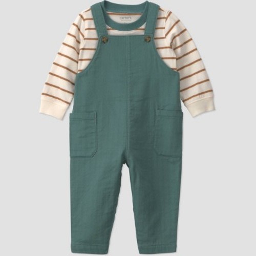 Carter's Just One You® Baby Boys' 2pc Long Sleeve Striped Bodysuit and Cord Overalls Set - Green 3M