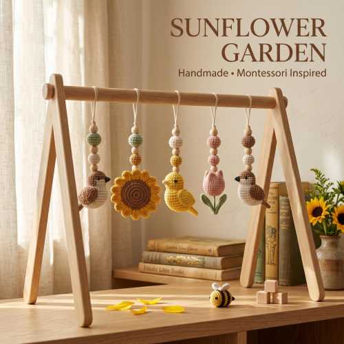 Sunflower Bird Baby Gym, Wooden Play Gym with Crochet Birds & Sunflowers, Montessori Boho Nursery Decor, Yellow Nursery Baby Gift