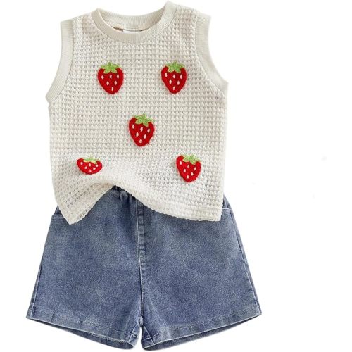 6-12 YINGISFITM Toddler Girl Clothes Baby Summer Waffle Knit Tank Top Sleeveless Shirt Jeans Shorts Floral Outfit Girls Clothing