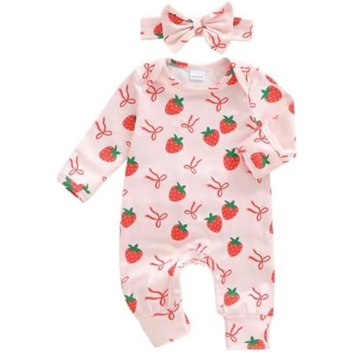 Lefyira Baby Girl Strawberry Clothes Romper Long Sleeve Ruffle Jumpsuit Strawberry Birthday Outfit Infant Fall Winter Clothes