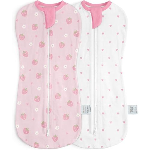Baby Swaddle 0-2 Months, Cotton Arm-In Zipper Sleep Sack, Wearable Blankets Wrap for Newborn Infant Girls (Strawberry, Heart, Pack of 2)