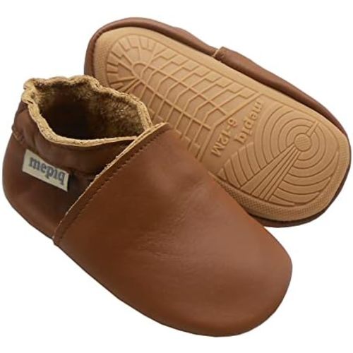 Soft Leather Slippers Baby Moccasins with Rubber Sole, Anti-Slip Infant Toddler First Walking Shoes for Boys Girls, 0-24 Months